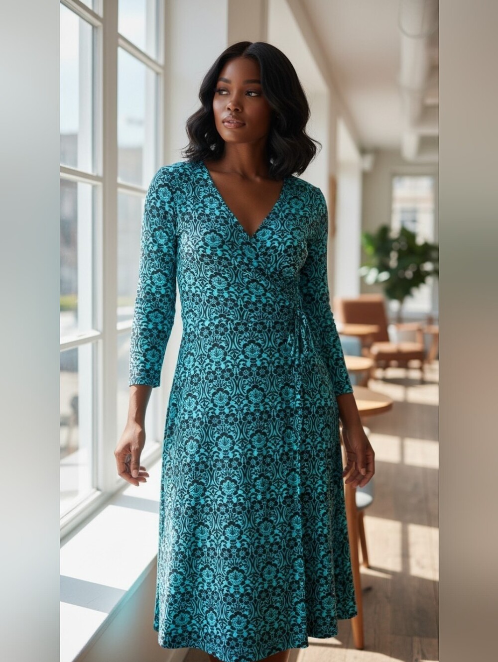 Roulette Teal and Black Floral Damask Wrap Dress, Long Sleeve Size L